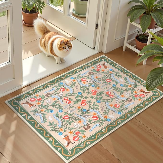 Collive 2x3 Small Rugs for Entryway, Green Washable Jungle Animal Kitchen Rugs for Bathroom Non Slip Indoor Door Mat, Soft Ultra-Thin Throw Carpet for Bedroom Entry Home Decor