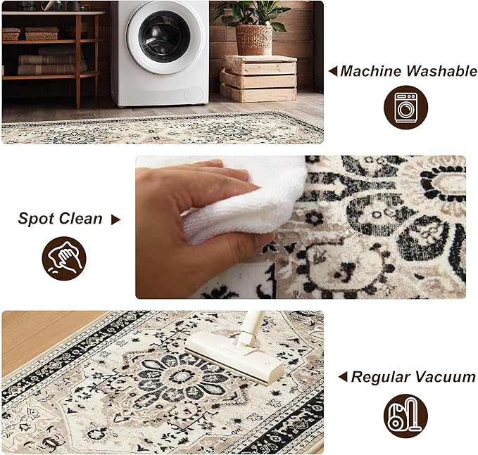 XWZO Runner Rug 2x6ft, Washable Hallway Runner with Non-Slip Backing, Vintage Spill Stain Resistant Floor Mat for Entryway Corridor Bedroom Kitchen, Soft Low-Pile Area Carpet, Brown Beige