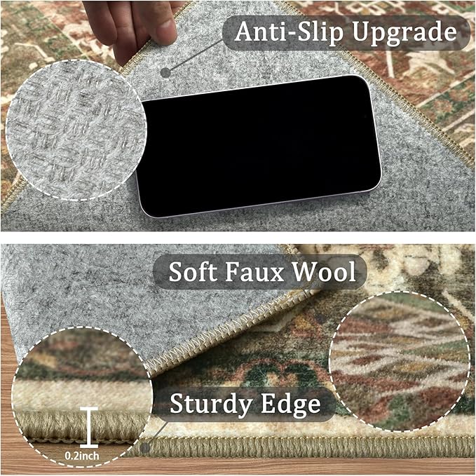 6x9 Machine Washable Area Rug for Living Room, Brown Green Boho Vintage Floral Rug Large Non-Slip Low Pile Soft Faux Wool Carpet, Kids and Pets Friendly for Bedroom Dining Room Farmhouse Decor Rug