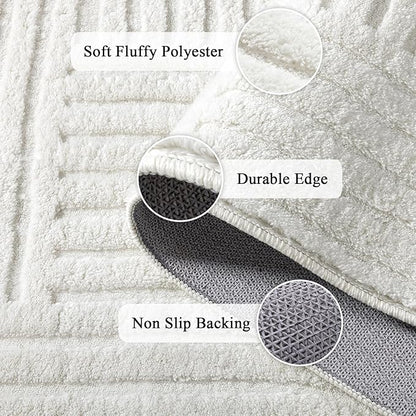 SHACOS Soft Cozy Fluffy Arch Pattern High Low Pile Rugs 4'x6' Non Slip Washable Scandinavian Minimalist Rug Modern Geometric Arc Carpet for Living Room Bedroom Dining Room, Cream White