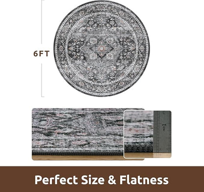 AMOAMI-6FT Round Rug-Rugs for Living Room-Vintage Soft Black Rugs for Bedroom-Non Slip Circle Rug-Machine Washable Rug for Dining Room Living Room Bedroom Office Under Table Dark Grey & Black