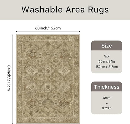 Bavni 5x7 Area Rugs for Living Room, Machine Washable Rug Non Slip, Vintage Chenille Distressed Print Carpet, Large Low Pile Ultra-Thin Lightweight Rugs for Bedroom, Dining Room, Office, Nut Brown