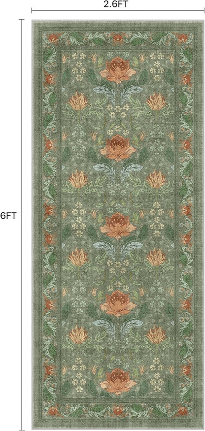 Bavni 2'6''x6 Runner Rug,Microfiber Washable Non-Slip Vintage Floral Rugs,Low Pile Lightweight Carpet for Bedroom,Hallway,Entryway,Kitchen,Bathroom, Bean Green