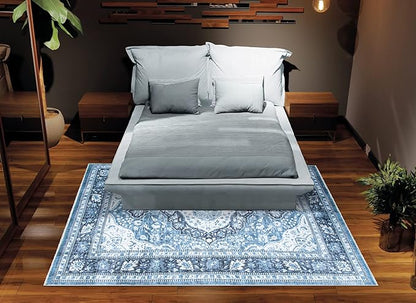 Bloom Rugs Caria Washable Non-Slip 5x7 Rug - Blue Traditional Area Rug for Living Room, Bedroom, Dining Room, and Kitchen - Exact Size: 5' x 7'