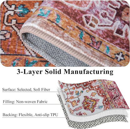Runner Rug 2×6, Machine Washable Vintage Non-Slip Area Rug, Low Pile, Decorative Carpet Printed Floral Rugs for Living Room, Entryway, Kitchen, Bedroom, Plum