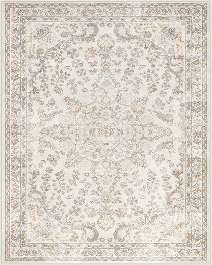 Wonnitar Washable Living Room Rugs, 8x10 Area Rugs for Room Decor, Beige Non Slip Ultra-Thin Soft Cozy Vintage Floral Distress Neutral Carpet for Bedroom Dining Room Farmhouse Playroom