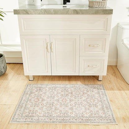 WITSHOCK Washable 2x3 Entryway Area Rug: Soft Non-Slip Backing Washable Rugs Vintage Flower Boho Accent Small Rugs for Bedroom, Kitchen, Bathroom, Nursery Entrance,Camel