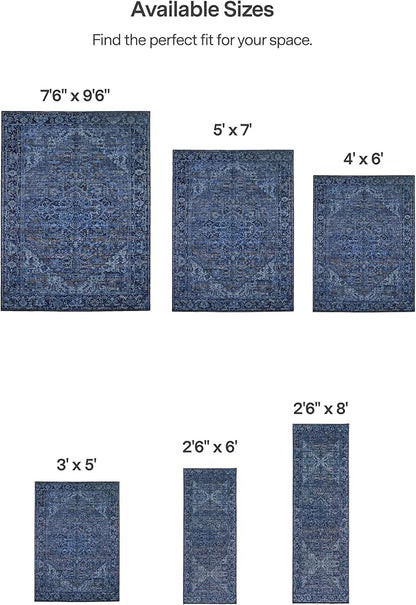 ReaLife Rugs Machine Washable Area Rug Runner - Living Room Bedroom Bathroom Kitchen Entryway Office - Padded Low Pile Stain Resistant Premium - Boho Vintage Traditional - Lyle - Blue 3' x 5'