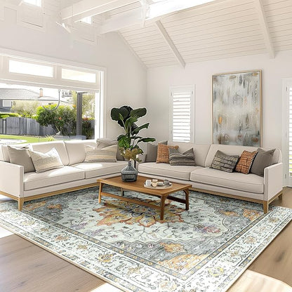 Area Rugs 6'x9' Washable Non-Slip, Floral Vintage Distress Print Pattern Medallion Carpet for Living Room Bedroom Dining Room, Light Yellow Carbon Grey Orange