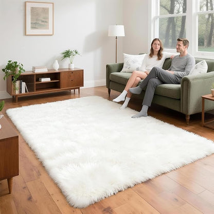 4x6 Solid Fluffy White Area Rug – Washable, Durable, Living Room Rug, Non-Slip High Pile Shag Rugs for Bedroom, Living Room, Bedside, Dorms, Nursery Rooms, Kids Room, Soft Indoor Floor Carpet