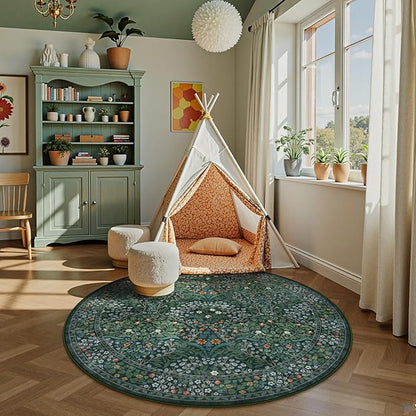 Lahome Floral Washable Round Rugs, Non-Slip Soft Round Rug 4ft Ultra-Thin, Small Stain Resistant Boho Circle Carpet for Entryway Kitchen Bedroom Nursery Bathroom, Dark Green