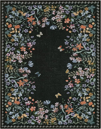 Wonnitar Washable 8x10 Rug, Non-Slip Soft Black Botanical Area Rugs for Living Room, Non-Shedding Large Bedroom Rug, Ultra-Thin Stain Resistant Floor Carpet for Dining Table (Black,8'x10')