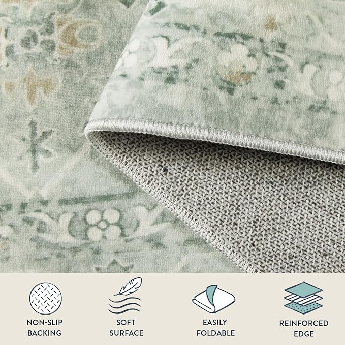 Lahome Vintage 5x7 Washable Green Rugs for Living Room Bedroom, Soft Dining Room Rugs for Under Table, Non Slip Indoor Throw Carpet for Entryway Kitchen Office (5x7ft,Light Green)