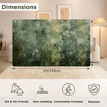 Green Vintage Distressed Carpet for Living Room, 3x5 Non-Slip Washable Low Pile Abstract Design Rug, Space Saving Area Rug for Bedroom, Dining Room