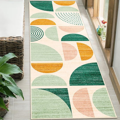 MUJOO Green Runner Rug Washable,Boho 2x6 Area Rugs for Hallways Kitchen Bathroom Bedroom Entryway,Non Slip Carpet Long Mat Indoor,Soft Modern Abstract Sage Green