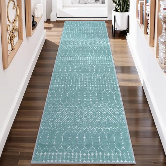 Lahome Moroccan Green Runner Rug 2x6 Washable Non-Slip Hallway Rug Runner Kitchen Throw Untra-Thin Entryway Carpet, Geometric Print Distressed Floor Mat for Hallways Bedroom