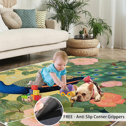 Peacock Peony Rugs for Bedroom - 5x8 Rug, Peacock Decor Area Rugs for Living Room, Peony Flower Carpet, Floral Animal Washable Area Mat, Aesthetics Carpet - Peafowl Home Decor & Gifts