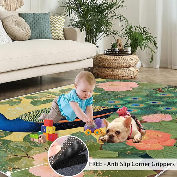 Peacock Peony Rugs for Bedroom - 5x6 Rug, Peacock Decor Area Rugs for Living Room, Peony Flower Carpet, Floral Animal Washable Area Mat, Aesthetics Carpet - Peafowl Home Decor & Gifts