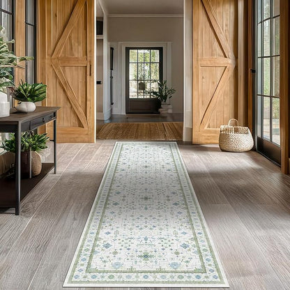 Oushak 3x12 Wide Hallway Runner Rug - Vintage Turkish Floral, Washable Low Pile Non Slip 12ft Long Runners for Large Kitchen, Hall Way - Light Blue and Green