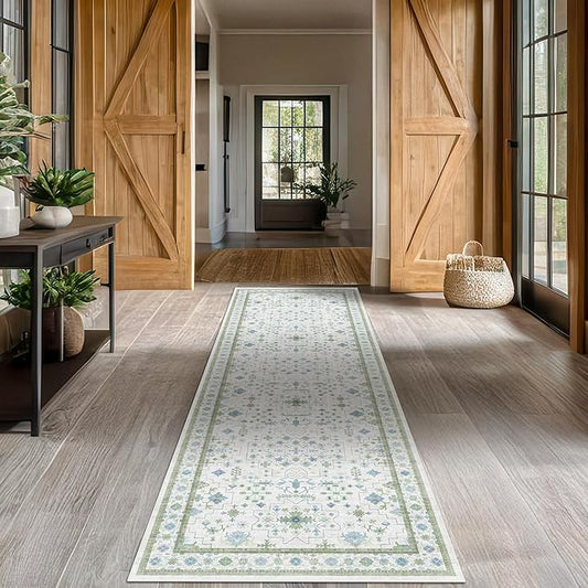 Oushak 3x12 Wide Hallway Runner Rug - Vintage Turkish Floral, Washable Low Pile Non Slip 12ft Long Runners for Large Kitchen, Hall Way - Light Blue and Green