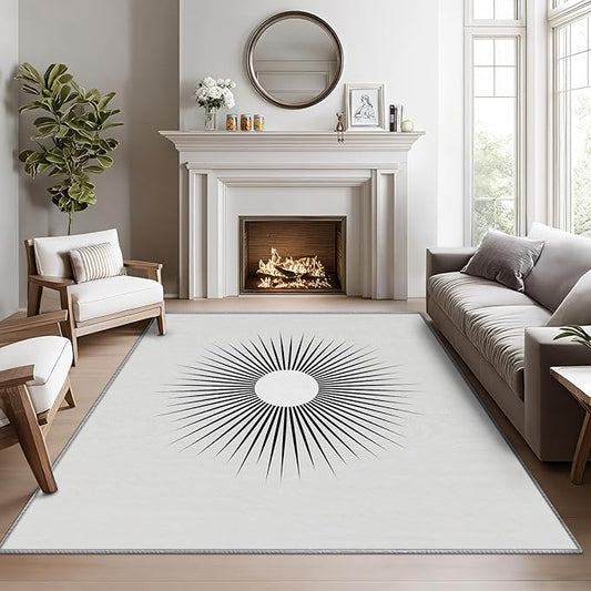 Mid Century Rugs for Living Room -Minimalist Sun Rug, 4x5 ft, Black and White Area Rug, Modern Abstract Washable Rugs for Living Room Bedroom, Optical Illusion Home Decor & Gifts