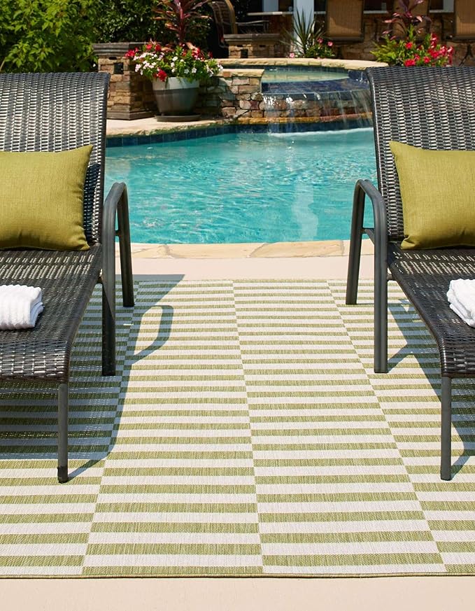 Unique Loom Outdoor Striped Collection Area Rug - Striped (10' x 13' 1" Rectangle Green/Ivory)
