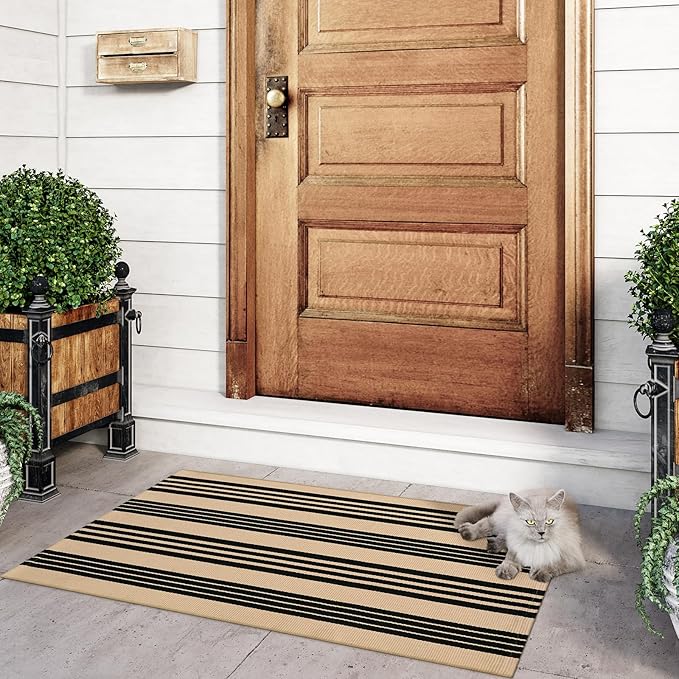 Black and Khaki Striped Rugs 2.3'x3.6', Washable Hand Woven Front Door Rug, Reversible Outdoor Welcome Mat Foldable Layered Door Mats for Entryway Porch Decor Home Entrance