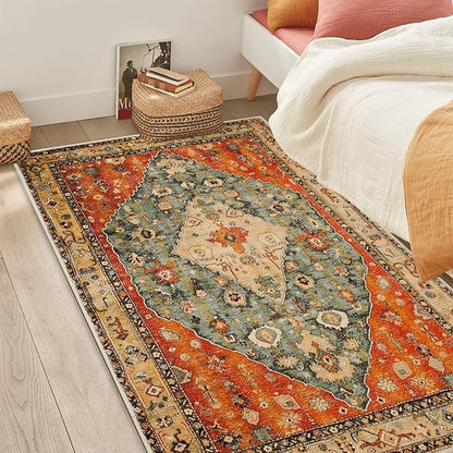 COMSLE Boho Area Rug, 4' x 6' Machine Washable Rugs for Entryway Faux Wool Large Rugs Distressed Throw Rug Non-Slip Floor Carpet for Indoor Bedroom Kitchen Living Room