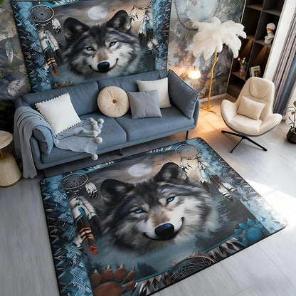 Western Wolf Large Area Rug 5x7 Bohemian Dream Catchers Living Room Rug | Woodland Animals Rugs for Bedroom, Dreamcatcher Wildlife Carpet Indoor Floor Mat