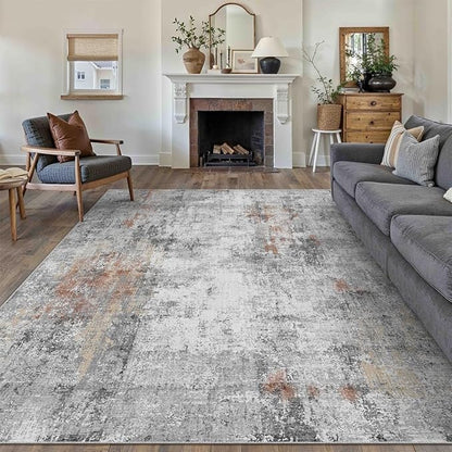 8x10 Washable Area Rug Grey Rust Abstract Living Room Bedroom Carpet Neutral Modern Non-Slip Soft Low Pile Lightweight Vacuumable Large Throw Rug for Dining Room