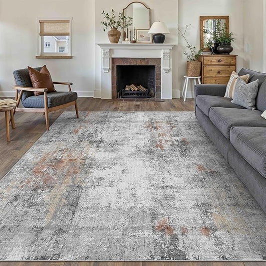 10x12 Washable Area Rug Grey Rust Abstract Living Room Bedroom Carpet Neutral Modern Non-Slip Soft Low Pile Lightweight Vacuumable Large Throw Rug for Dining Room