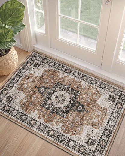 DEXI Area Rugs for Entryway 2x3, Washable Low Pile Vintage Traditional Entry Rug Non Slip, Small Indoor Door Mat for Bedroom Kitchen Entrance Hallway, Brown