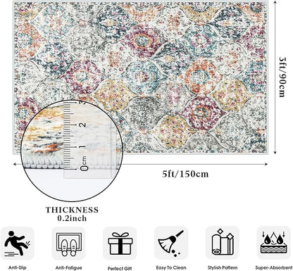 Lahome Moroccan Trellis Washable Small Area Rug, 3x5 Black Rug for Bedroom Living Room, Non-Slip Oriental Accent Throw Carpet for Kitchen Office Entryway Bathroom Office, Aqua/Multi