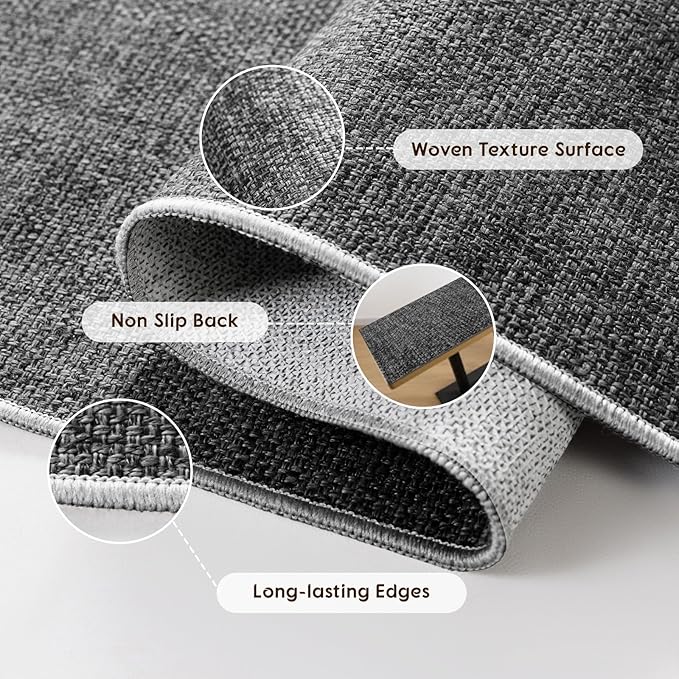 LBRO2M Easy Jute Solid Area Rug 8X10 Washable Rugs for Living Room Bedroom Natural Jute Indoor Outdoor Carpet Durable, Solid Non Shedding Eco Friendly (8X10 Black Gray)