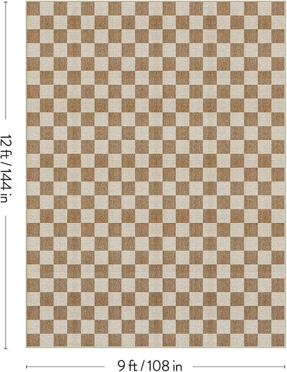 LIVEBOX 9x12 Area Rugs for Living Room, Checkered Non-Slip Washable Rugs, Farmhouse Neutral Classic Geometric Large Boys Area Rug for Bedroom, Carpet for Living Dining Room Office(Brown,9'x12')