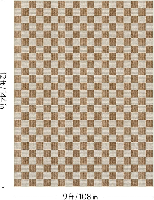 LIVEBOX 9x12 Area Rugs for Living Room, Checkered Non-Slip Washable Rugs, Farmhouse Neutral Classic Geometric Large Boys Area Rug for Bedroom, Carpet for Living Dining Room Office(Brown,9'x12')