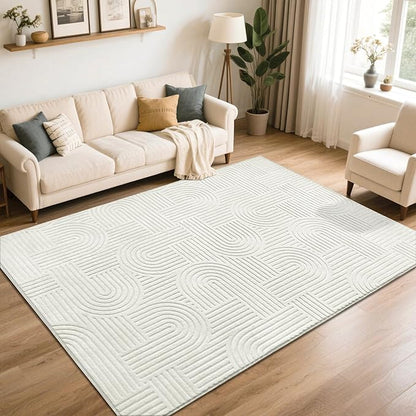 SHACOS Soft Cozy Fluffy Arch Pattern High Low Pile Rugs 4'x6' Non Slip Washable Scandinavian Minimalist Rug Modern Geometric Arc Carpet for Living Room Bedroom Dining Room, Cream White