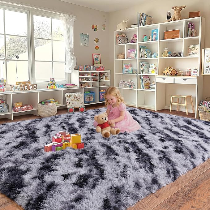 Shaggy Modern Shag Area Rug for Bedroom, Upgrade Non-Slip Plush Fluffy Carpet for Kids Room Home Decor, Plush Area Rug Tie Dye Stripes 8x10Ft