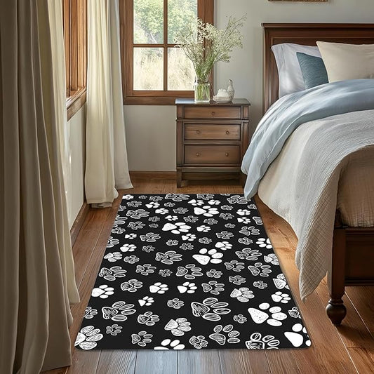 Cat Paws Black Area Rug for Living Room, Non-Slip Backing Low Pile Modern Abstract Rug for Indoor Use, 3x5 Washable Carpet