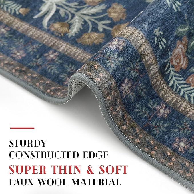 Boho Floral Machine Washable Runner Rug 2x6, Navy Kitchen Runner Rug Non-Slip, Super Thin Hallway Rug Runner Printed Faux Wool Soft Carpet for Entryway Bedroom Laundry Room Indoor