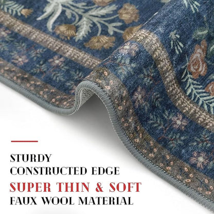Boho Floral Machine Washable Runner Rug 2x6, Navy Kitchen Runner Rug Non-Slip, Super Thin Hallway Rug Runner Printed Faux Wool Soft Carpet for Entryway Bedroom Laundry Room Indoor