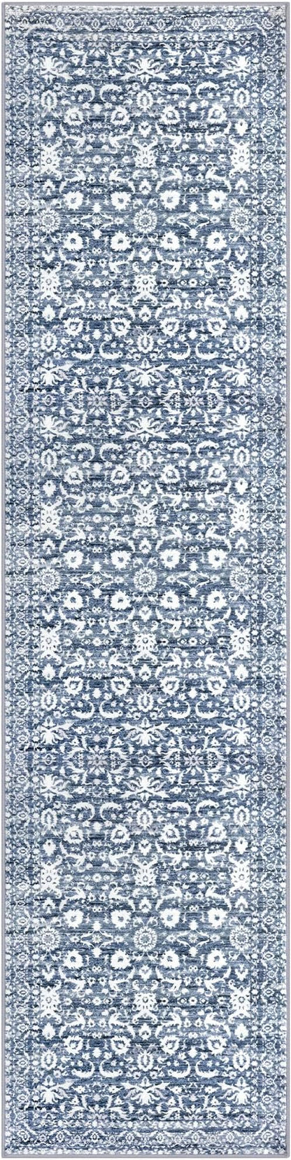 Hallway Runner Rug, Light Blue White Washable Runner Rug 2x8 Vintage Floral Kitchen Rug Runner Non Slip Thin Printed Faux Wool Super Soft Carpet for Entryway Bedroom Laundry Room Indoor