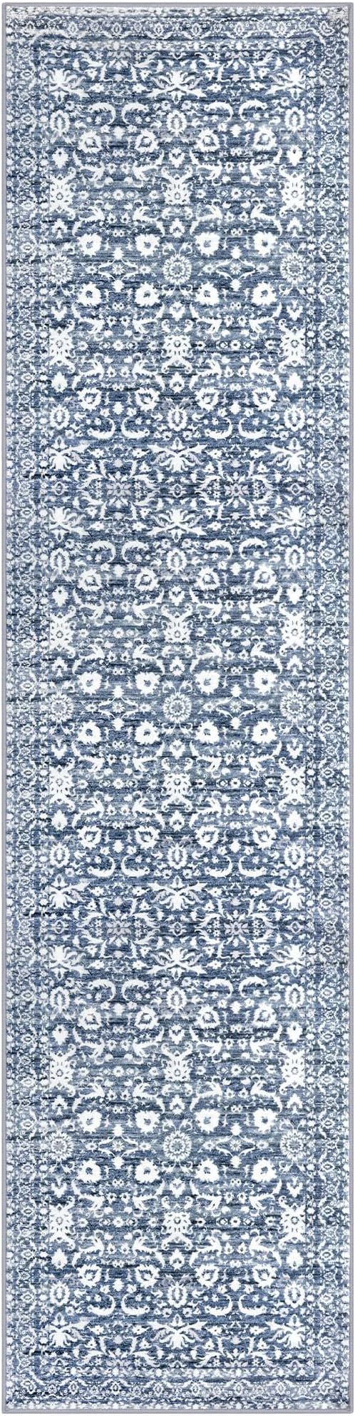 Vintage Runner Rug 3x10, Light Blue White Washable Kitchen Runner Non-Slip Soft Hallway Rug Runner Floral Thin Print Faux Wool Carpet for Entryway Bedroom Laundry Room Indoor Home Office Decor