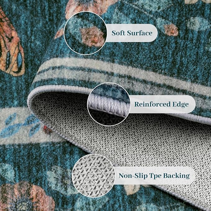 8x10 Area Rugs with Insect Print - Bug Rug Non-Shedding Stain Resistant Soft Carpet for Bedroom, Low Pile Ultra-Thin Machine Washable Carpet for Dining Room, Kids Nursery, Office (8'x10' Teal)