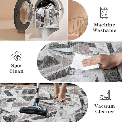 6X9 Area Rugs for Living Room Bedroom,Modern Abstract Large Carpet Washable Rugs 6X9 for Dining Room Office,Non Slip Gray Print Faux Wool Thin 6 by 9 Indoor Nursery Kids Home Pet & Child Friendly