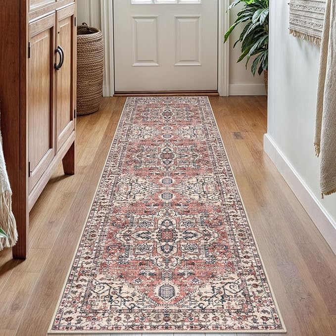 KOZYFLY Runners for Hallways 2x7 Ft Washable Kitchen Runner Rug Boho Runner Rug for Entryway Indoor Printed Faux Wool Long Floor Carpet Runner for Bedroom Laundry Kitchen Hallway, Terracotta/Beige