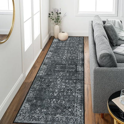 Morebes Black Vintage Rug Runners for Hallway, 2.5x8 Washable Floral Entryway Runner Rug Non Slip, Distressed Indoor Floor Carpet Runner for Kitchen Bathroom Laundry Room Bedroom