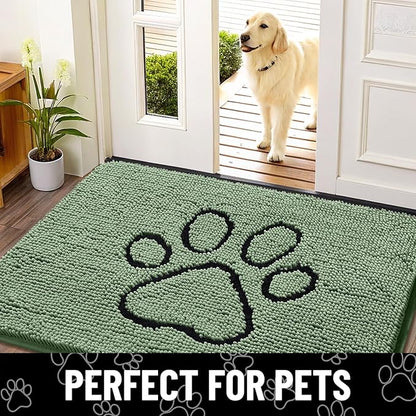 Smiry Dog Door Mat for Muddy Paws, Absorbent Dirt Trapper Non Slip Quick Dry Washable Chenille Mat for Mud Dogs, Entry Rug for Indoor and Outdoor (40x32 Inches, Olive Green and Black)