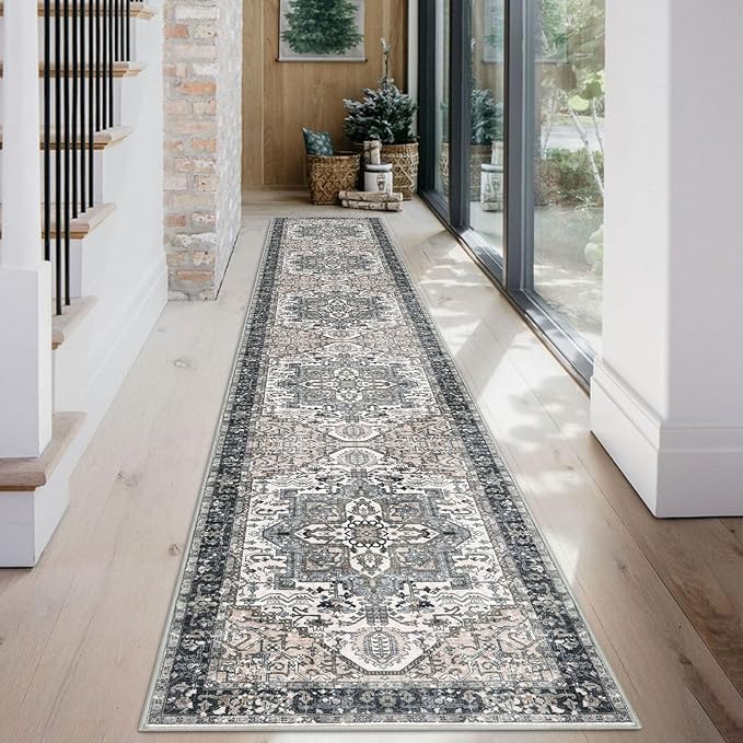 KOZYFLY Runners for Hallways 2x12 Ft Extra Long Washable Kitchen Runner Rug Boho Entryway Rug for Hallways Indoor Printed Faux Wool Stair Runner Carpet for Stairs Kitchen Hall, Black/Taupe/Beige