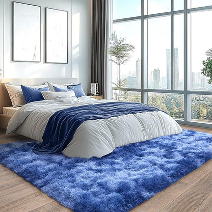 Extra Large 9x12 Feet Fuzzy Rug Fluffy Rug for Living Room, Big Plush Non-Skid Shag Carpet, Soft Shaggy Purple Gray Rugs for Bedroom Indoor Modern Home Decor Tie Dye Blue